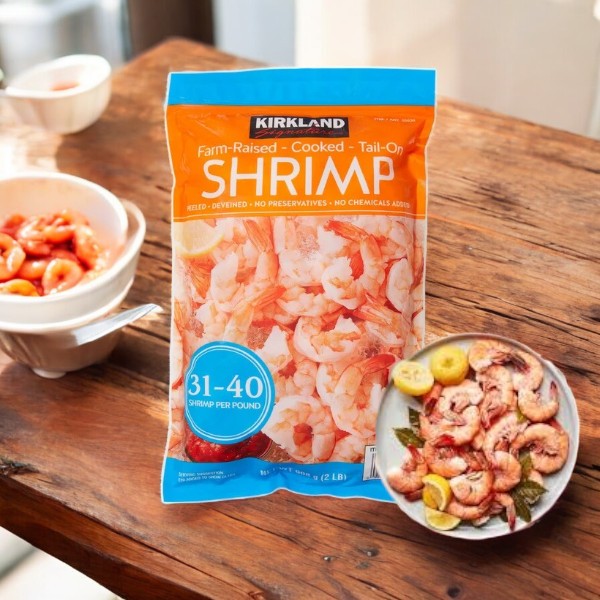 Kirkland Signature Farm-Raised Cooked Shrimp, Tail-On, Peeled, Deveined, 31-40-count, 2 lbs- 1 Bag