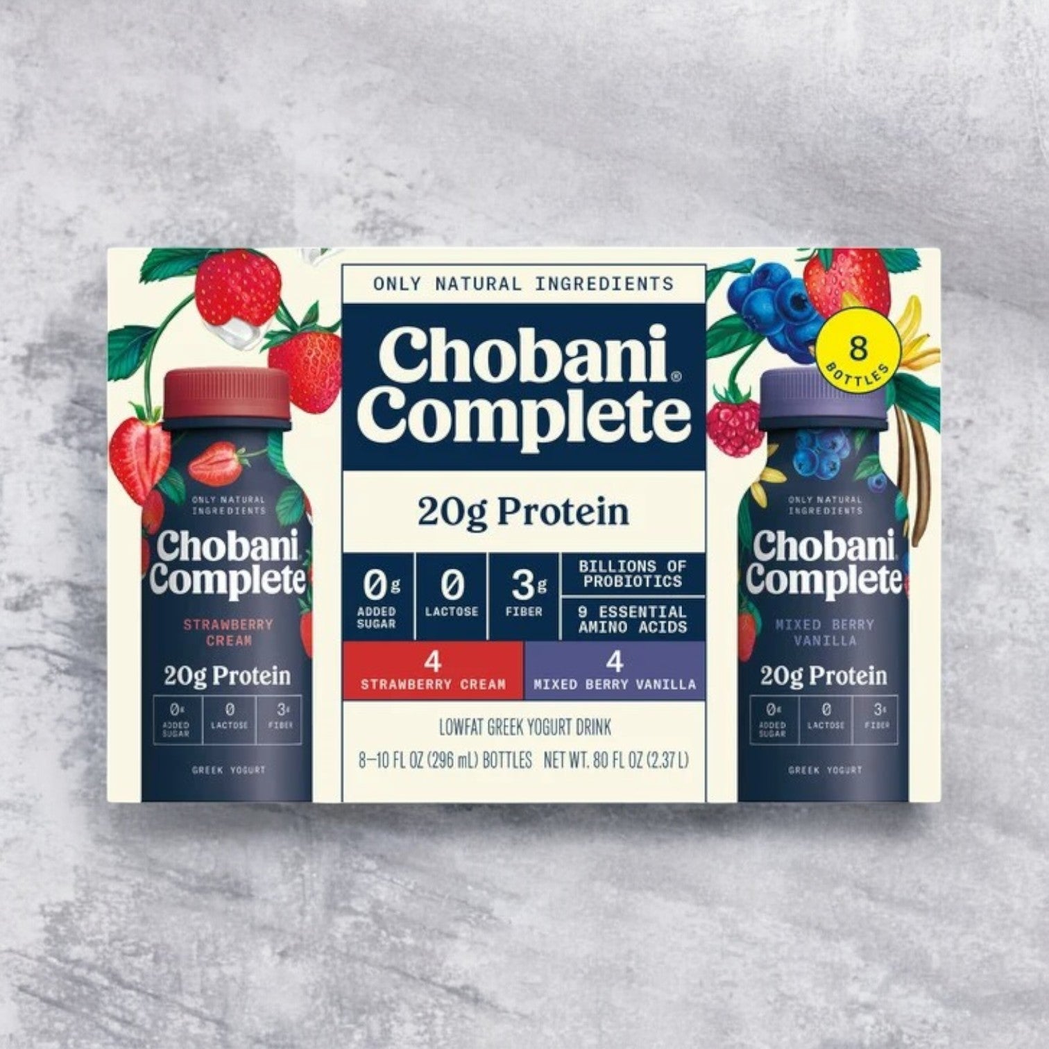 Chobani Complete Protein Drink in strawberry cream and mixed berry vanilla flavors offers 8 bottles per box, each with 20g protein, no added sugar, 3g fiber, and billions of probiotics for a nutritious boost.