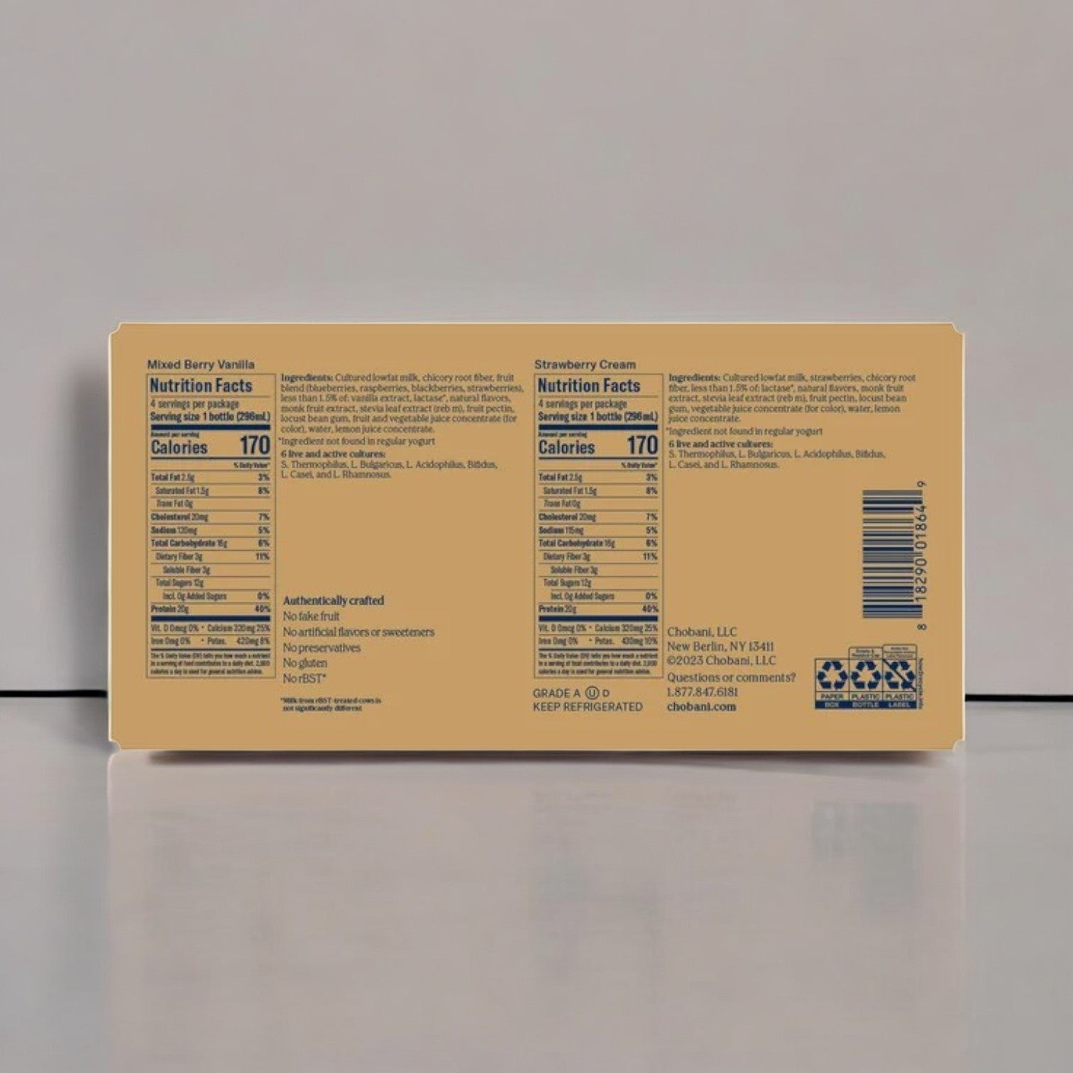 The back of the Chobani Complete Protein Drink package displays nutrition facts, high-quality protein ingredients, digestive health probiotics, a barcode, and contact info. Ideal for those pursuing balanced nutrition with Chobani's 3-box offering.