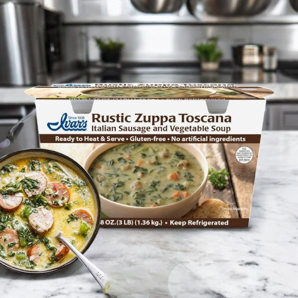 Ivar's Rustic Zuppa Toscana Soup (24 oz, 2-count case) features Italian sausage and vegetables simmered in creamy chicken stock. It's gluten-free with no artificial ingredients. This Tuscan-inspired delight is perfect for refrigeration, offering authentic flavor in every spoonful.