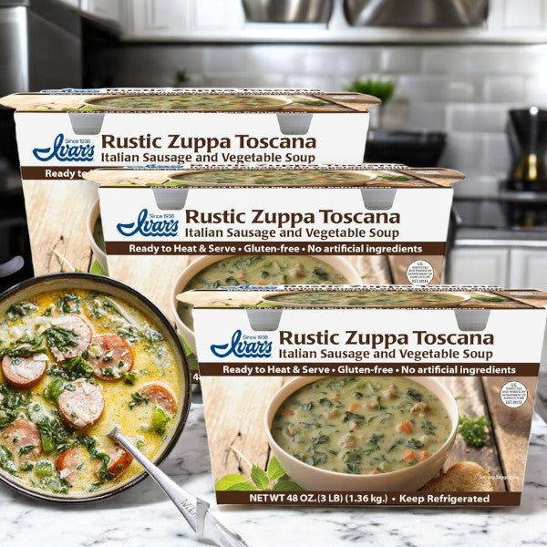 Boxes of Ivar's Rustic Zuppa Toscana Soup, 24 oz, 2-count-3 cases with Italian sausage and vegetables in creamy chicken stock are displayed on a kitchen counter.