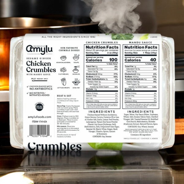 The packaging of Amylu Sesame Ginger Chicken Crumbles, 46 Oz 1ct highlights its dedication to healthier options, clearly displaying the nutritional information and an all-natural ingredients list.