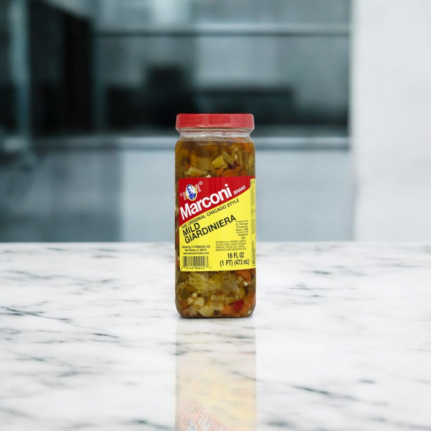 A jar of Buona Beef 8 Pack Kit! by Easy Lunches on a marble surface, showcasing a yellow label with red and white accents, ideal for elevating your Chicago-style Italian beef.