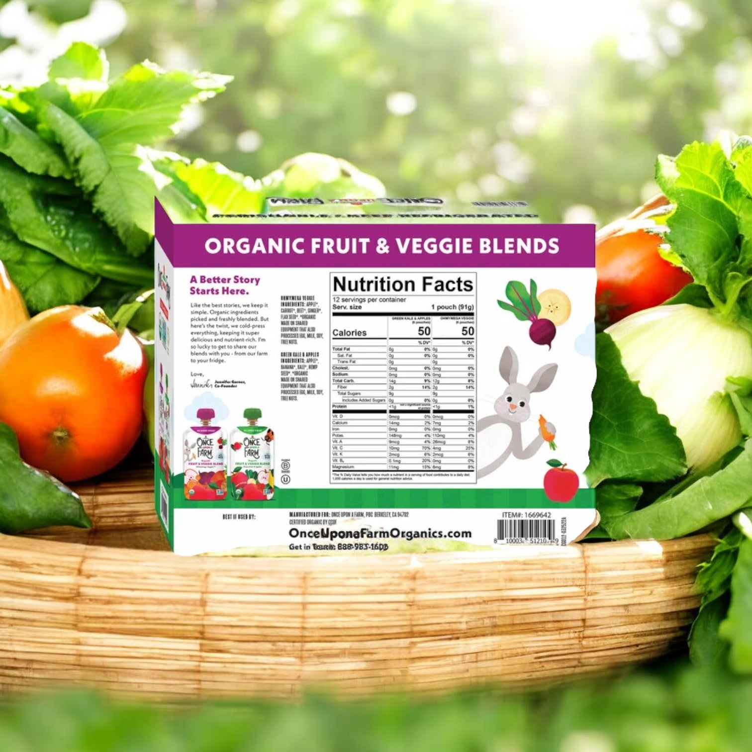 Once Upon a Farm Organic Fruit & Veggie Blend Variety Pack, featuring 6 OhMyMega Veggie and 6 Green Kale and Apples, is presented alongside fresh vegetables on a wooden surface, complete with USDA certified organic nutrition facts.