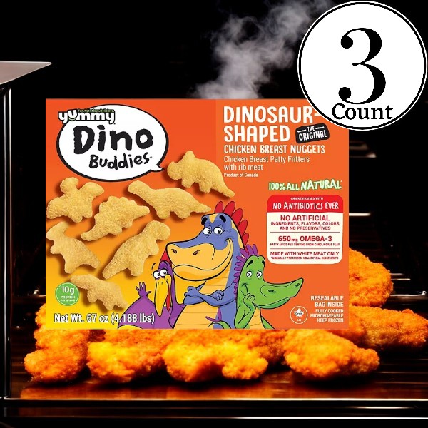 The package of Yummy Dino Buddies Chicken Nuggets by Easy Lunches, available in 67-ounce packs with three bags, features premium quality with all-natural and antibiotic-free ingredients enriched with 650mg of Omega-3. As a valued product from Member's Mark, they provide great value for money. The nuggets are attractively presented in the background.