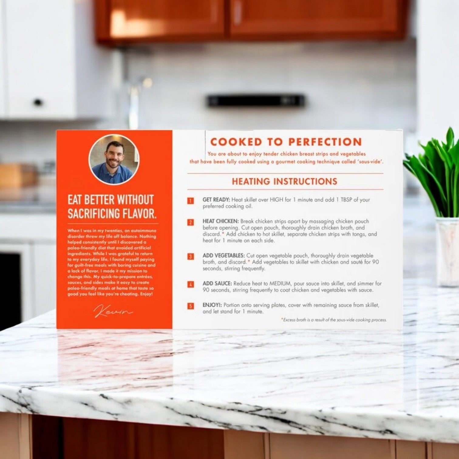 Close-up of a meal kit instruction card on a kitchen counter, highlighting cooking steps and featuring a circular photo of a person. Featuring the slogan "Eat Better Without Sacrificing Flavor," it boasts delicious options like Kevin's Natural Foods Hot Honey Chicken Stir Fry and Gluten-Free alternatives.