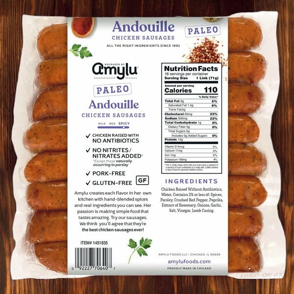 Amylu Paleo Andouille Sausage, available in a 16-count package, provides a delicious and nutritious option. These sausages are made without antibiotics, nitrates, pork, or gluten, ensuring a healthier product from Amylu that you can rely on. Be sure to review the package for detailed nutrition facts and highlights.