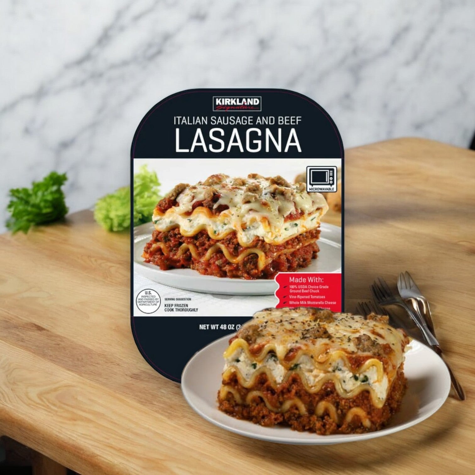 A conveniently plated serving of Kirkland Signature Italian Sausage and Beef Lasagna, 3 lbs, 2-count - 1 Pack rests on a wooden table, highlighting its premium ingredients, with a hint of parsley in the background.