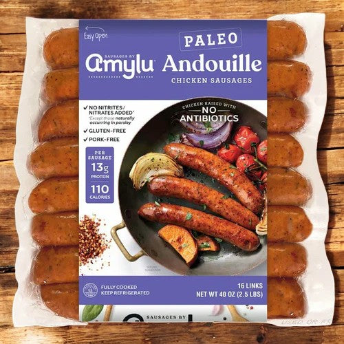 Package of Amylu Paleo Andouille Sausages, featuring "Paleo," "No Antibiotics," "Gluten-Free," and "Pork-Free" labels for a healthier choice. Includes an image of sausages in a pan. Contains 16 links, totaling 40 oz.