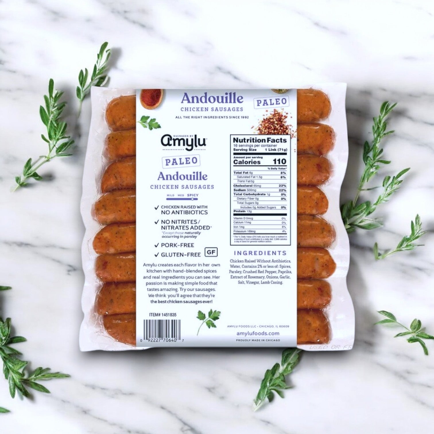 Amylu Paleo Andouille Sausage, 16 Count