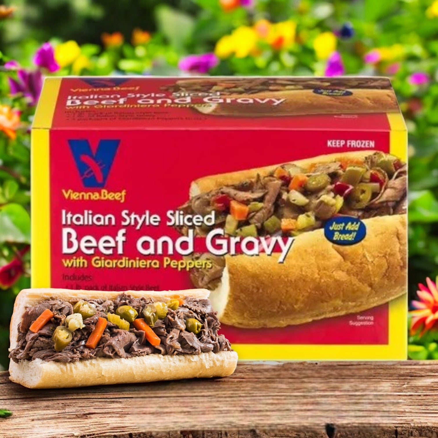 Vienna Beef's 38 oz Italian Style Sliced Beef and Gravy with Giardiniera Peppers is showcased on packaging alongside a wooden surface, with flowers in the background.