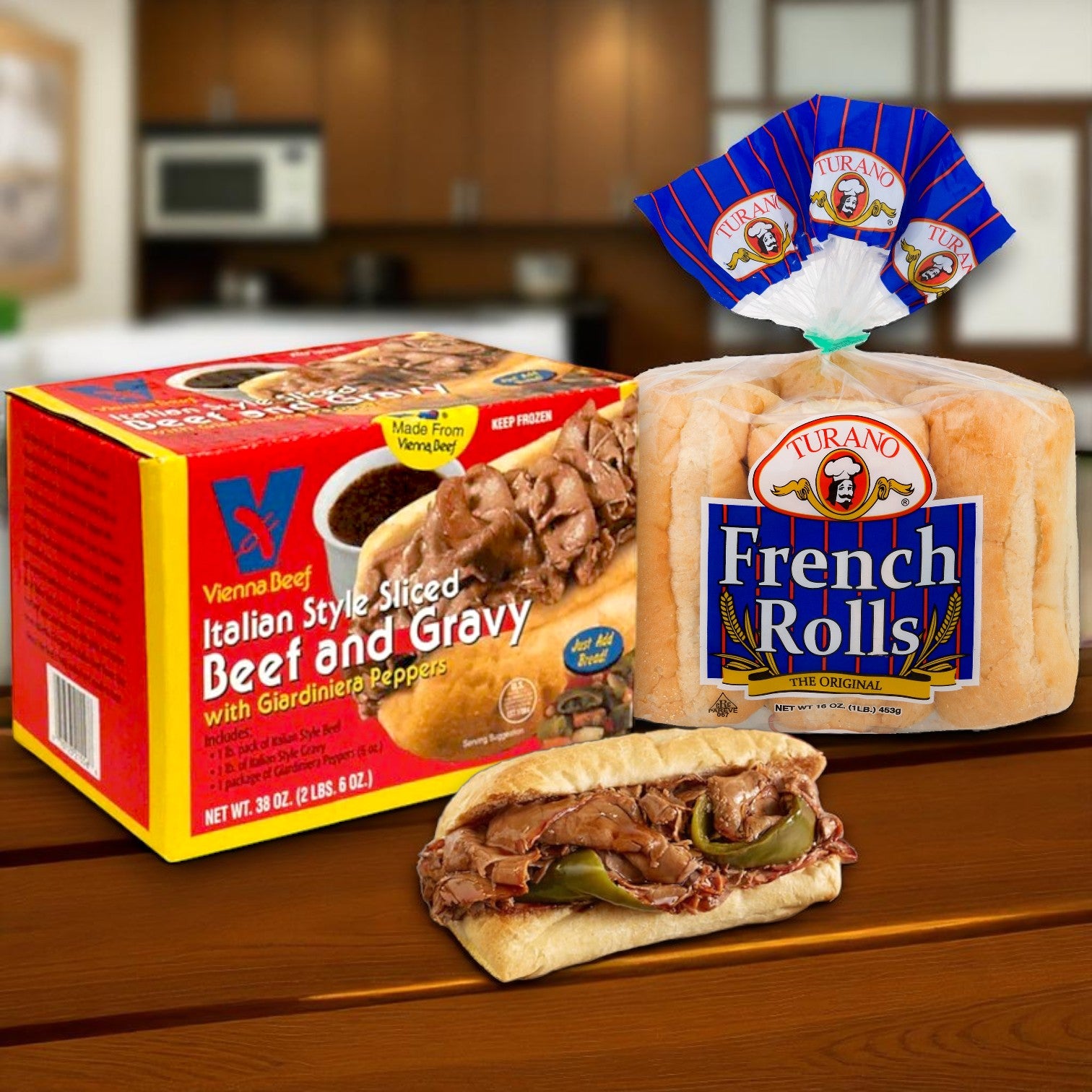 Vienna Beef® Italian Style Sliced Beef and Gravy with Giardiniera Peppers, 38 oz. & Turano French Rolls, 16 oz. – Chicago-Style Italian Beef Sandwich Kit