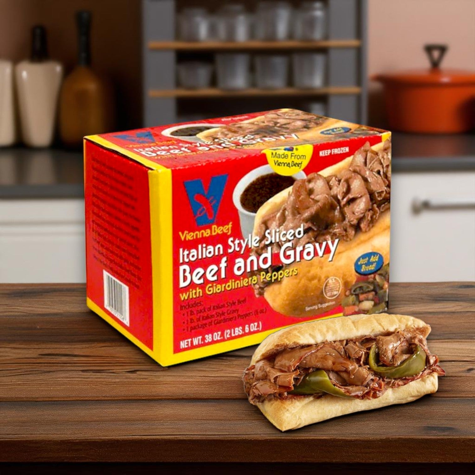 Vienna Beef® Italian Style Sliced Beef and Gravy with Giardiniera Peppers, 38 oz. & Turano French Rolls, 16 oz. – Chicago-Style Italian Beef Sandwich Kit