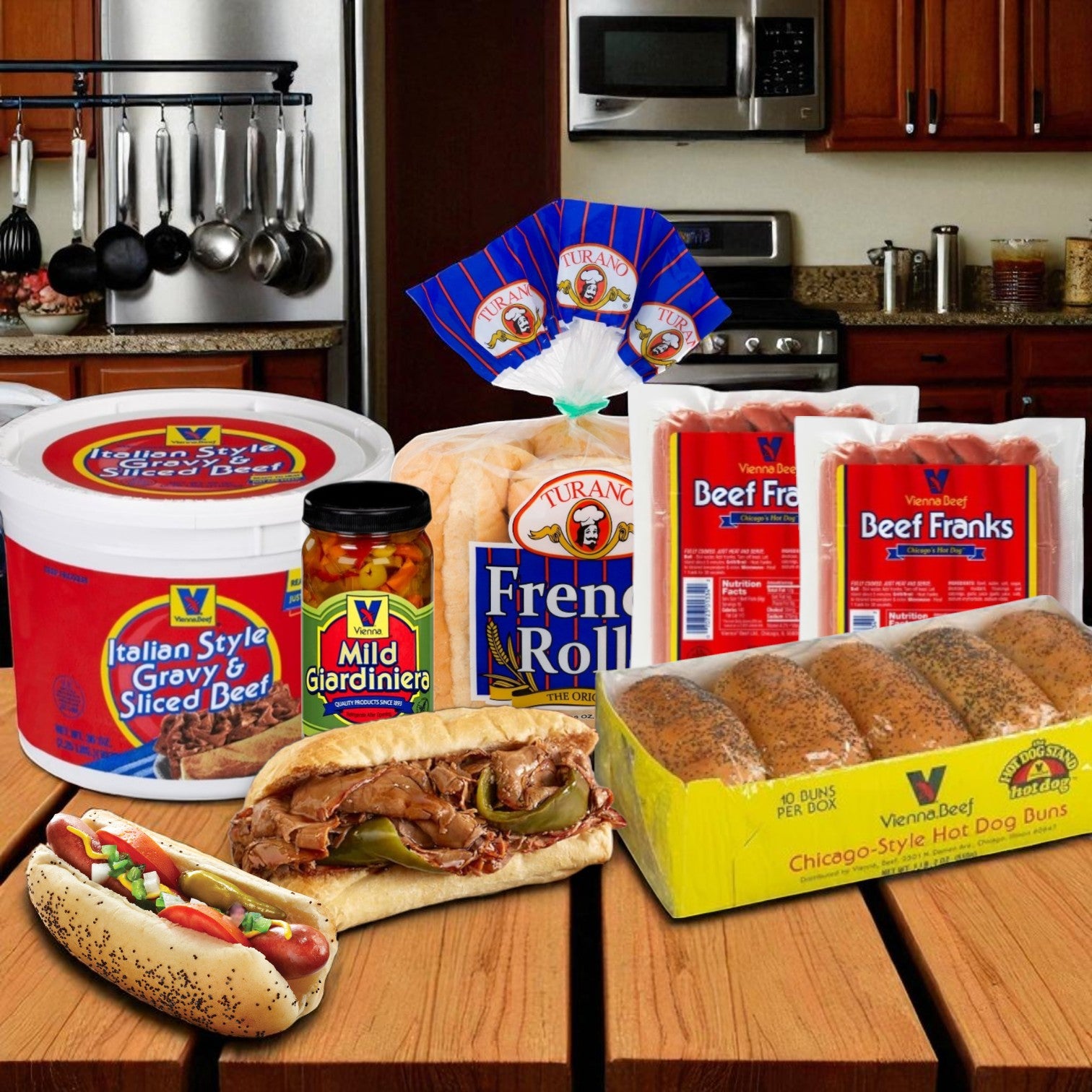 Vienna Beef Hot Dog (32 Count) & Italian Beef Combo Kit  (36oz) – Vienna Beef & Turano Rolls