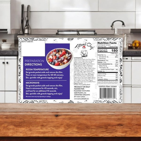 Back of a Tattooed Chef Organic Acai Bowls, 6-count, package on the kitchen counter showcasing preparation instructions, nutrition facts, gluten-free ingredients, and company details for this vegan product.