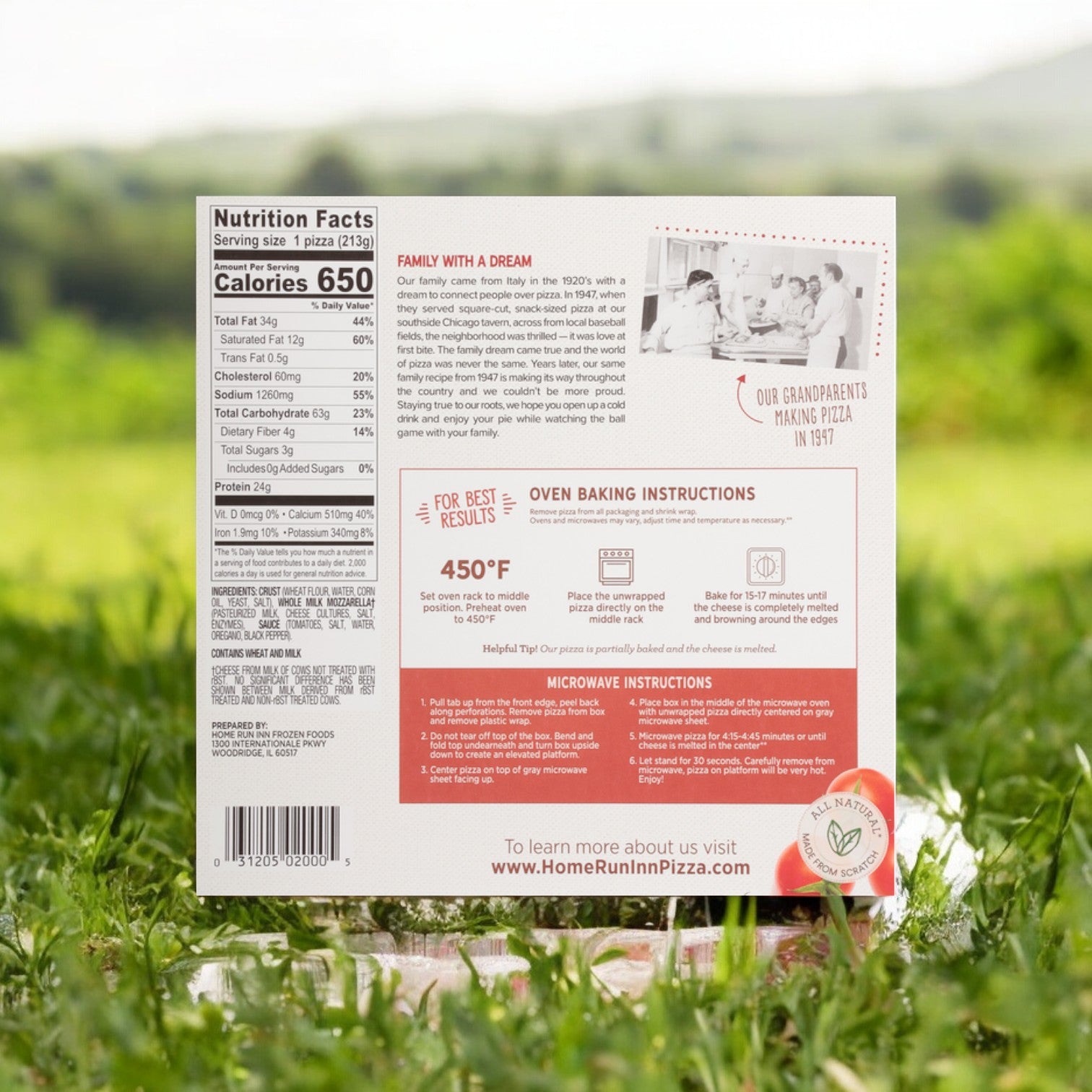 The back of a Home Run Inn Mini Personal Pizza box displays nutrition facts, family history, and baking instructions with a link to the website. Against a grassy outdoor background, it promises delicious mozzarella cheese on a buttery flaky crust.