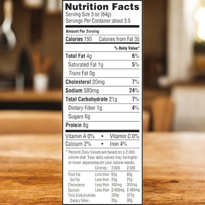 A wooden table with a blurred background highlights the nutrition label for TGI Fridays Sweet & Smoky Boneless Chicken Bites (10 Oz, 3 Count), detailing calories, fats, cholesterol, sodium, carbohydrates, sugars, protein, vitamins, and daily value percentages of this appetizing frozen treat.