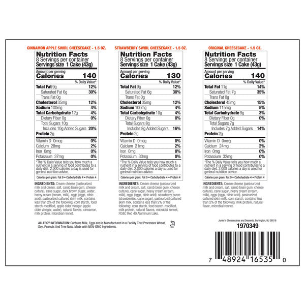 Nutrition facts labels for Easy Lunches Junior’s & Member’s Mark Mini Cheesecake Combo Pack display serving size, calories, and nutritional values for each mini cheesecake flavor: cinnamon apple swirl, strawberry swirl, and original.