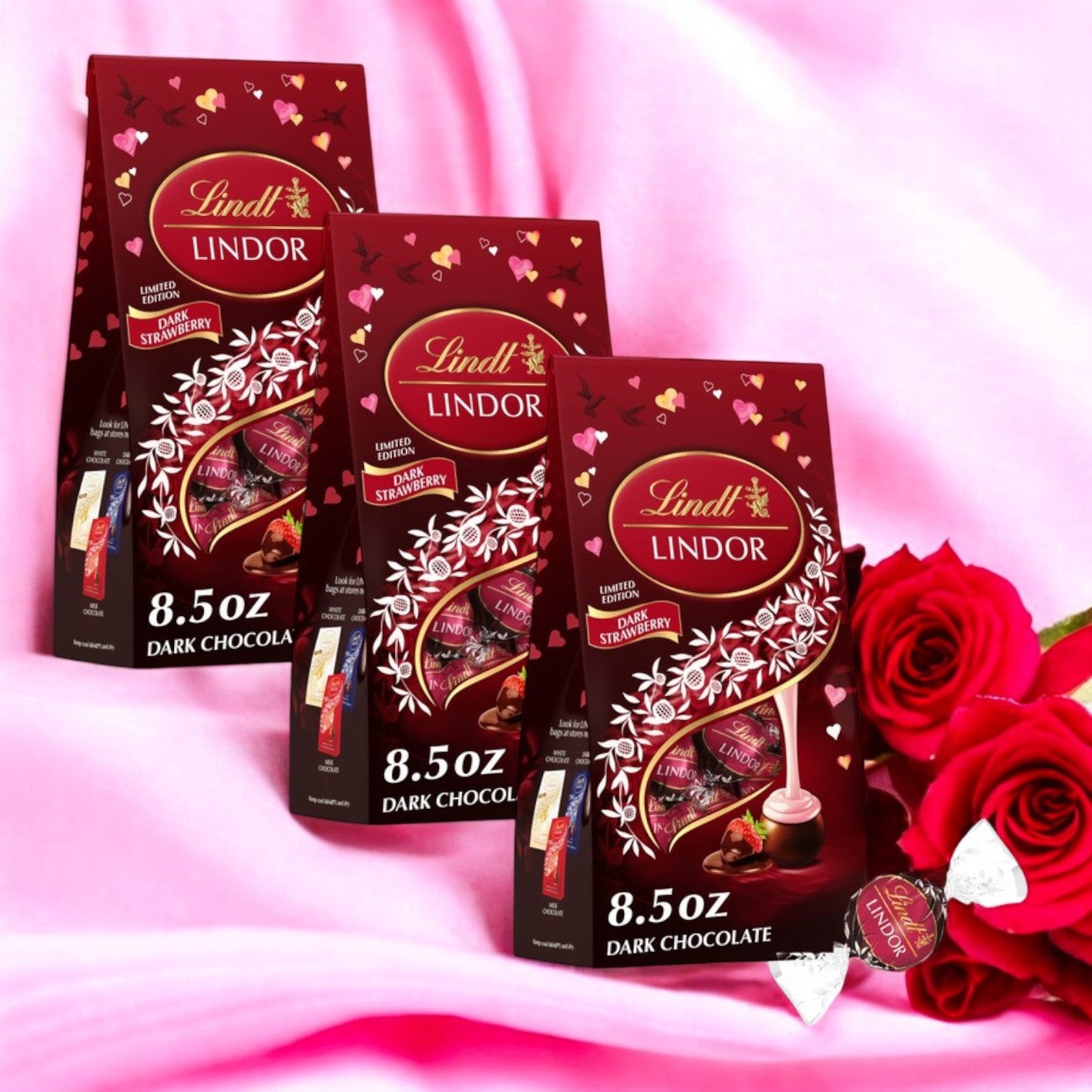 Lindt Lindor Valentine's Strawberry Dark Chocolate Candy Truffles – 8.5 oz -3 Count