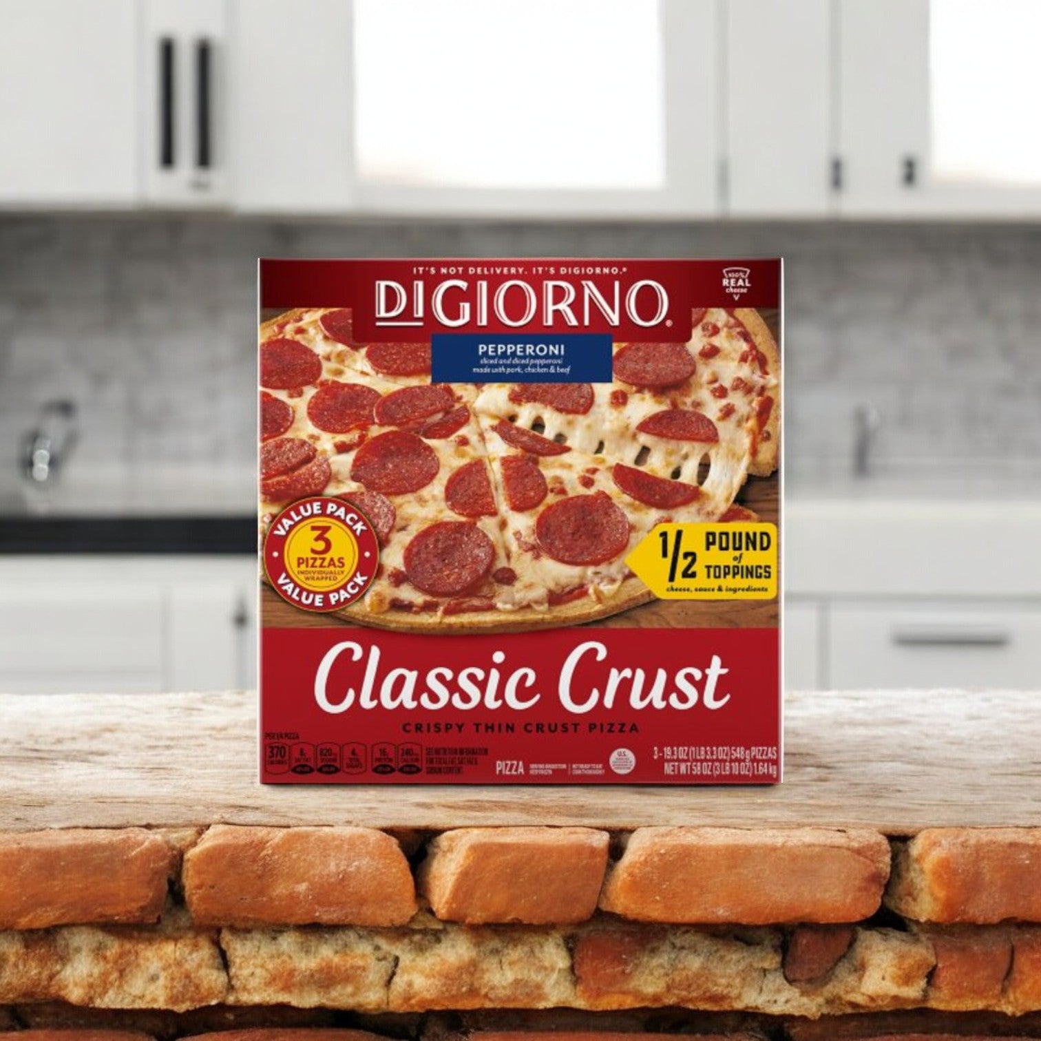 Box of Easy Lunches DiGiorno Pepperoni Crispy Thin Crust Pizza, 19.3 oz. - 1 Count shown on a countertop in a kitchen setting. The box features an image of the pizza with melted cheese and pepperoni toppings.