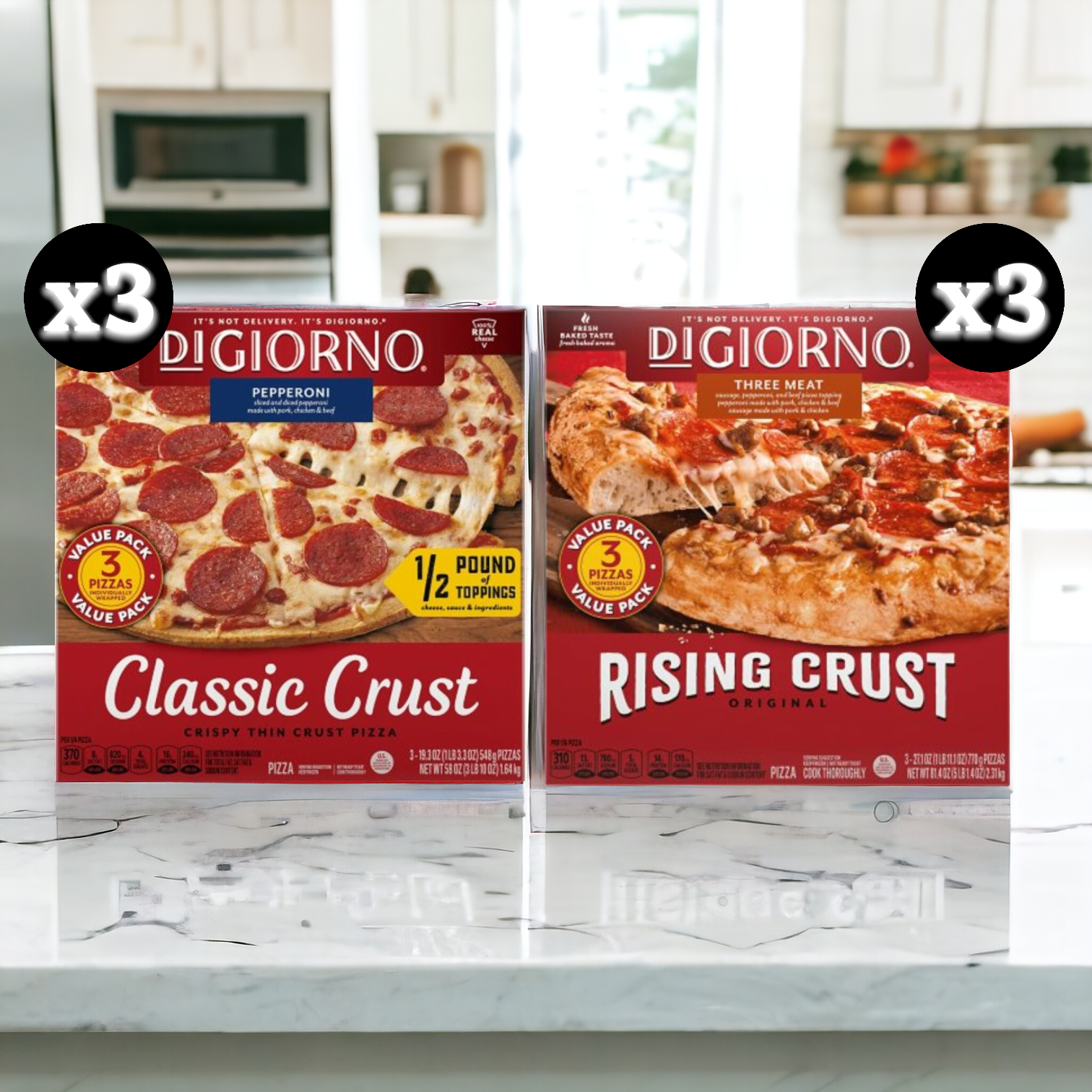 Two boxes of Easy Lunches' DiGiorno pizzas are placed on a kitchen counter: one box containing three DiGiorno Pepperoni Thin Crust Pizzas and another box containing three DiGiorno Three Meat Pizzas, for a total of six pizzas.