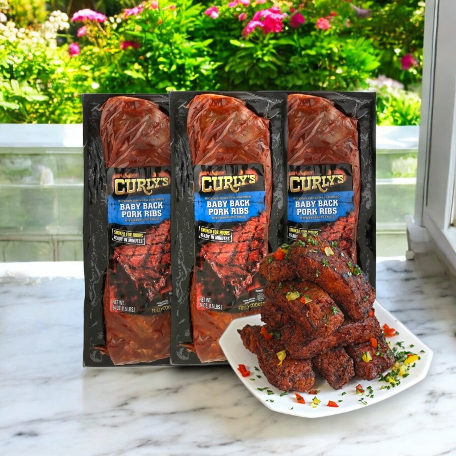 Three packs of Curly's BBQ & Ribs – 24 oz-3 Count are placed next to a plate of tender, juicy ribs garnished with herbs on a marble surface. The authentic BBQ aroma fills the air, and a garden can be seen in the background.