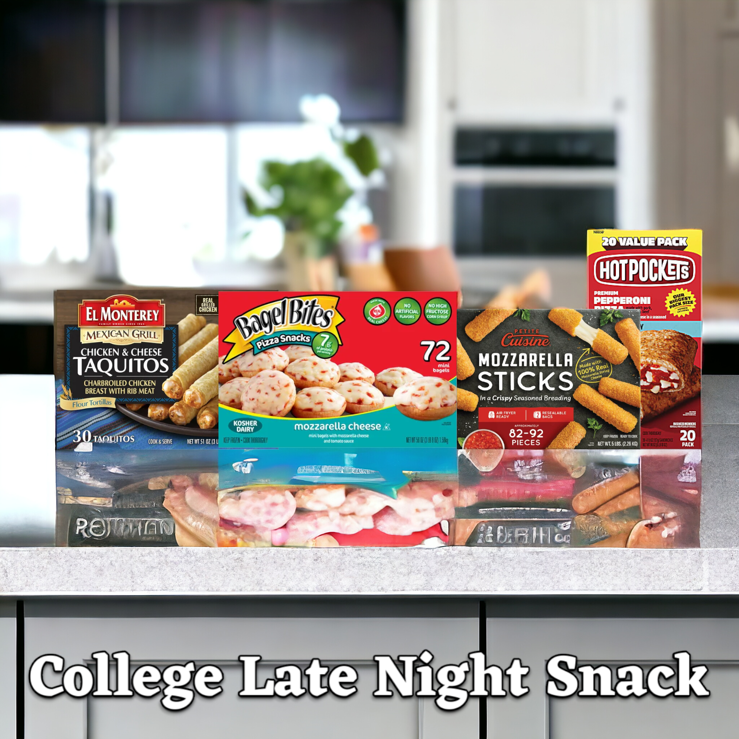 A variety of frozen snacks are on a kitchen counter, including 30 El Monterey Taquitos, 72 crispy Bagel Bites with mozzarella cheese, 82-92 Farm Rich Mozzarella Sticks (5 lbs), and 20 Pepperoni Hot Pockets. Text on the image reads "College Late Night Snack Collection - A Total of 204 Items!