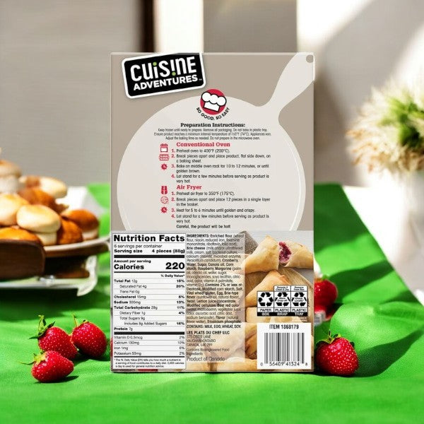 Back of a Cuisine Adventure food package with preparation instructions and nutrition facts. Strawberries and pastries, such as the delectable Cuisine Adventures Berries & Brie Phyllo Bites, are in the background, making this appetizer irresistible.