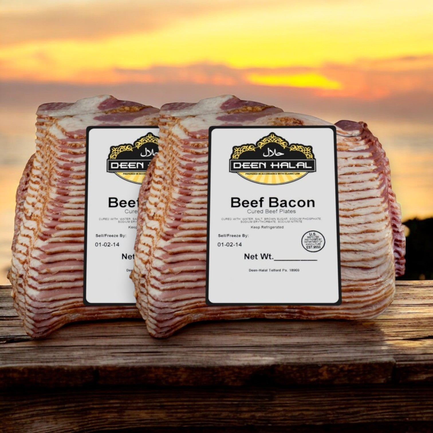 Deen's Halal Sliced Beef Bacon - 10 lbs packages, labeled "Deen Halal," paired with Premium Turkey Meat against a sunset backdrop.