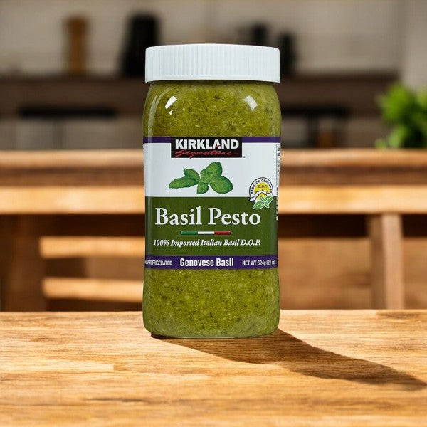 A Kirkland Signature Imported Basil Pesto jar (22 oz-1 Count) from Easy Lunches rests on a wooden table, its vibrant green color enhancing the blurred kitchen backdrop.