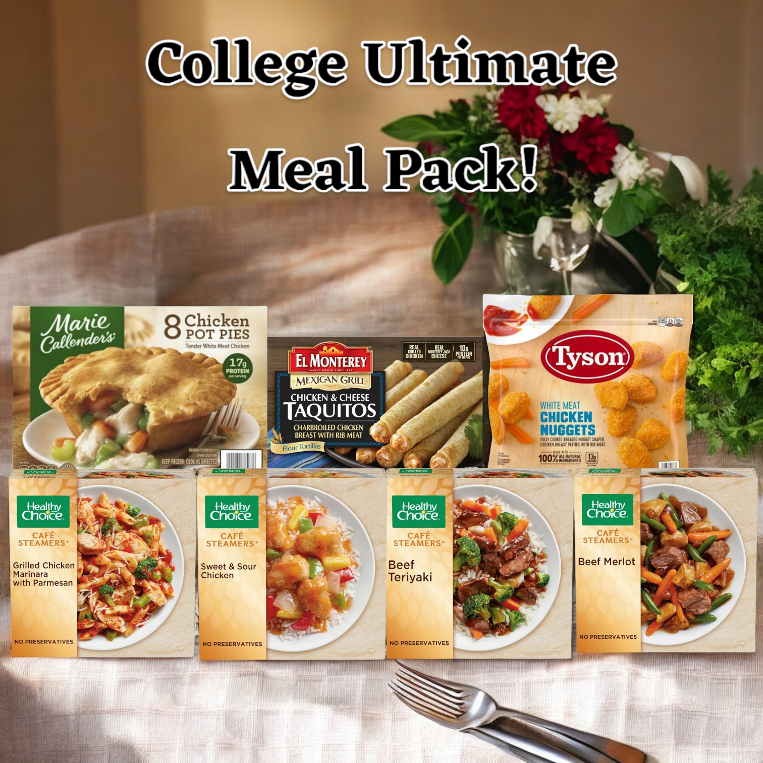 An assortment of frozen meals including Tyson White Meat, eight-pack chicken pot pies, taquitos, sweet and sour chicken, beef merlot, beef teriyaki, and grilled chicken marinara with parmesan labeled "College Ultimate Meal Pack!" by Easy Lunches. Perfect for dorm room meals with utensils and greens in the background—a total of 55 items!