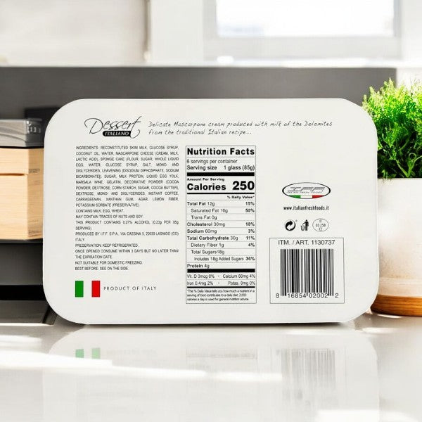 Back of Kirkland Signature Tiramisu Cups container features nutrition facts, barcode, product details, Italian flag, and website link. Perfect for creating delectable tiramisu or other classic Italian desserts.