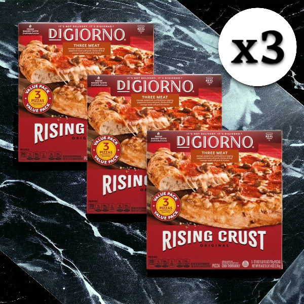 On a marble surface, there are three boxes of Easy Lunches' DiGiorno Three Meat Pizza - 3 Count, each generously topped with Mozzarella Cheese and labeled with a "x3" sign to indicate they come in a value pack of three pizzas each, for a total of nine pizzas.