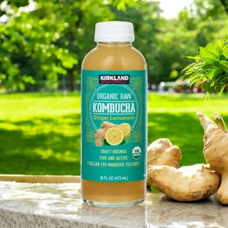 A bottle of Kirkland Signature Kombucha Organic Ginger Lemonade sits on an outdoor ledge with fresh ginger root nearby. The vibrant green park in the background underscores the refreshing allure of this probiotic-rich beverage.