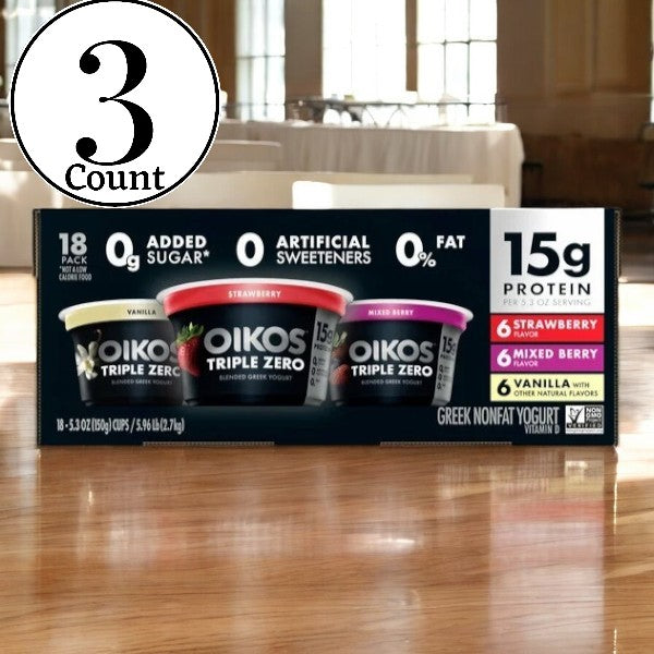 Dannon's Oikos Triple Zero Greek Nonfat Yogurt Variety Pack features a collection of strawberry, vanilla, and mixed berry flavors. Each serving offers 15g of protein, is rich in calcium, contains no added sugar or artificial sweeteners, and has 0% fat. Ideal for individuals who prefer a Non-GMO lifestyle while still enjoying great taste.