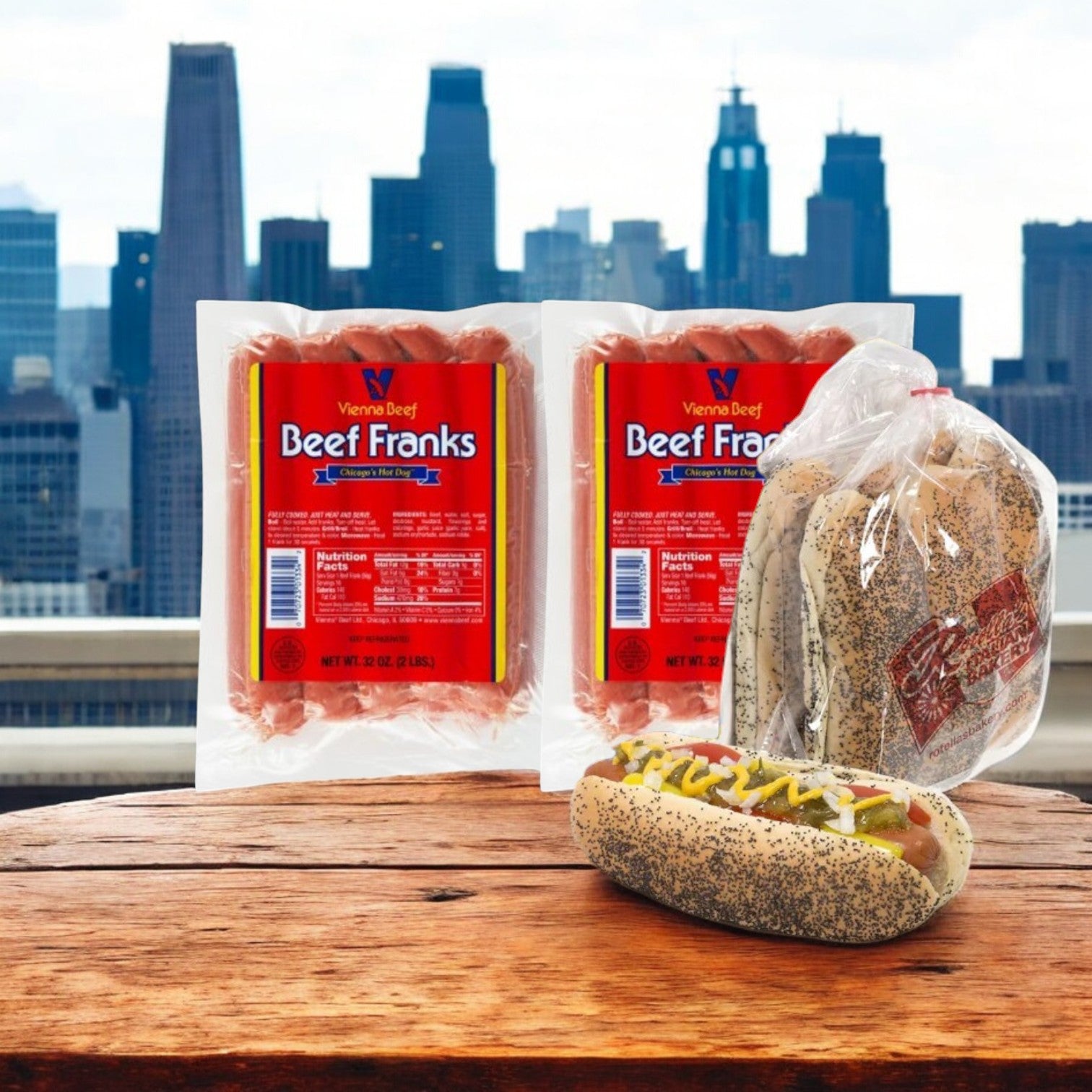 Vienna Beef Franks and Sesame Buns - 32 Total Hot Dogs and Buns! with a poppy seed bun, mustard, and the city skyline in the background create an iconic scene.