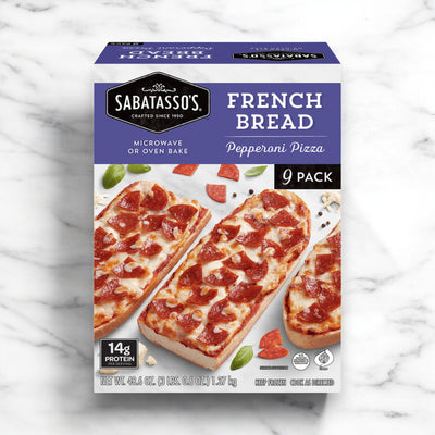 A box of Easy Lunches Sabatasso's French Bread Pepperoni Pizza, 48.6 oz, 9-Count. The package features a picture of pepperoni-topped French bread pizza slices on a white marble surface and includes cooking instructions.