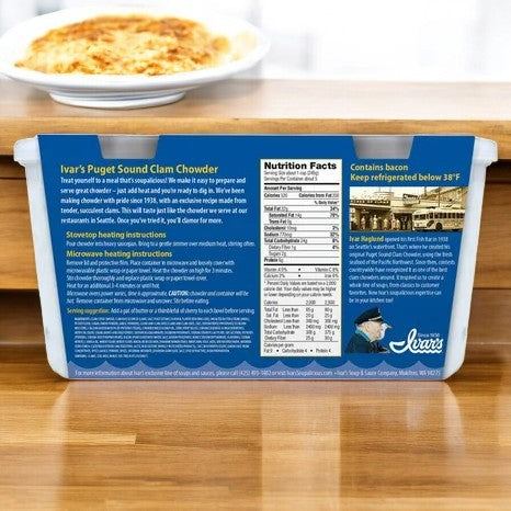 A box of Ivar's Clam Chowder with Bacon features nutrition facts, heating instructions, and an illustration of a seated person on the side.