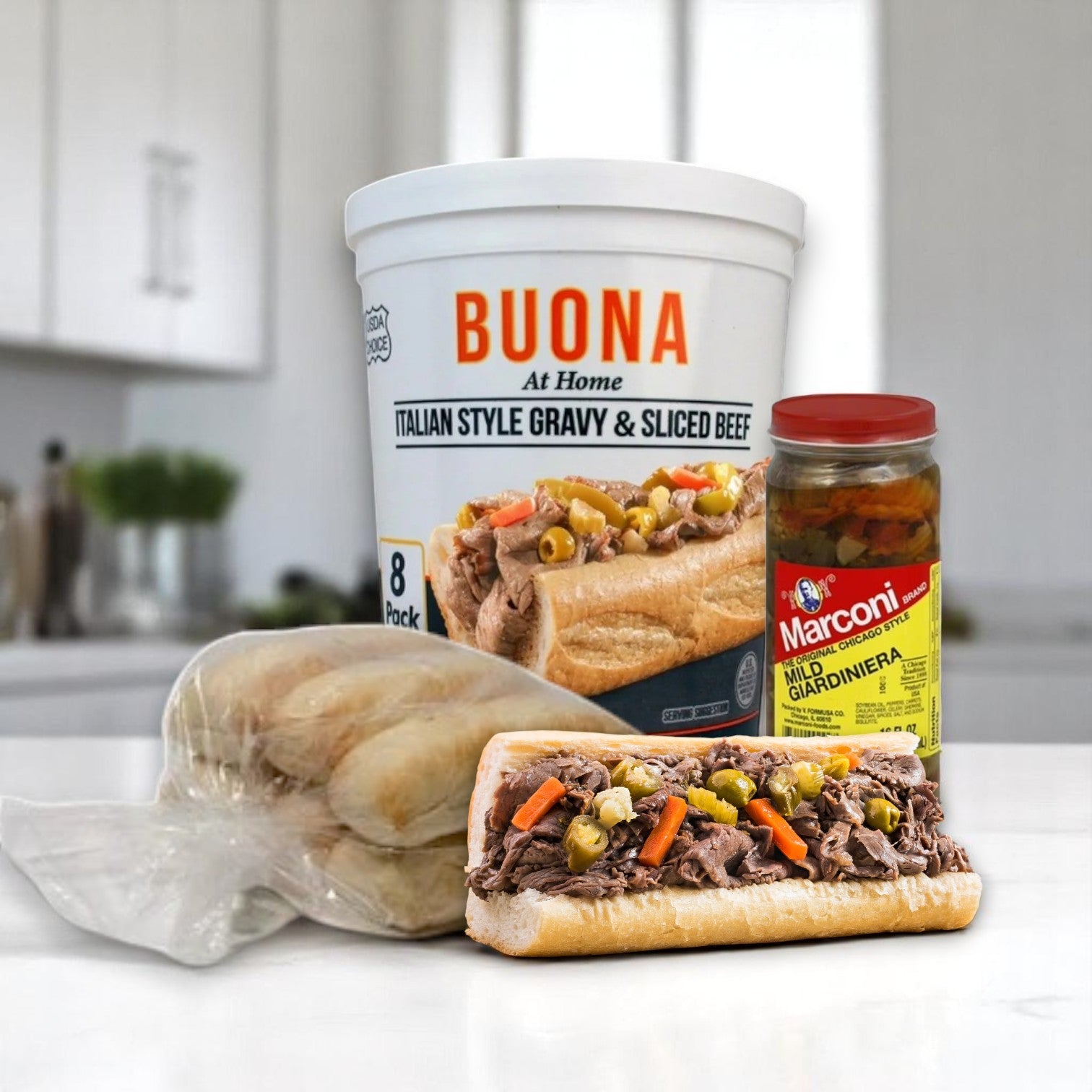 A Buona Beef 8 Pack Kit! from Buona sits on the kitchen counter, ready to be assembled into classic Chicago-style Italian beef sandwiches.