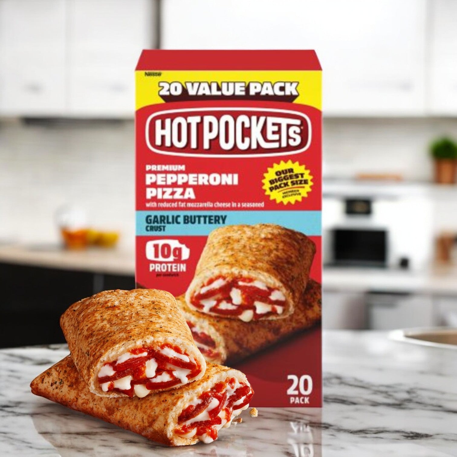 A box of Hot Pockets Pepperoni Pizza Sandwiches is shown. Two cooked Hot Pockets rest in front of the box, displaying the pepperoni and melted cheese filling, making for a protein-packed, satisfying snack.