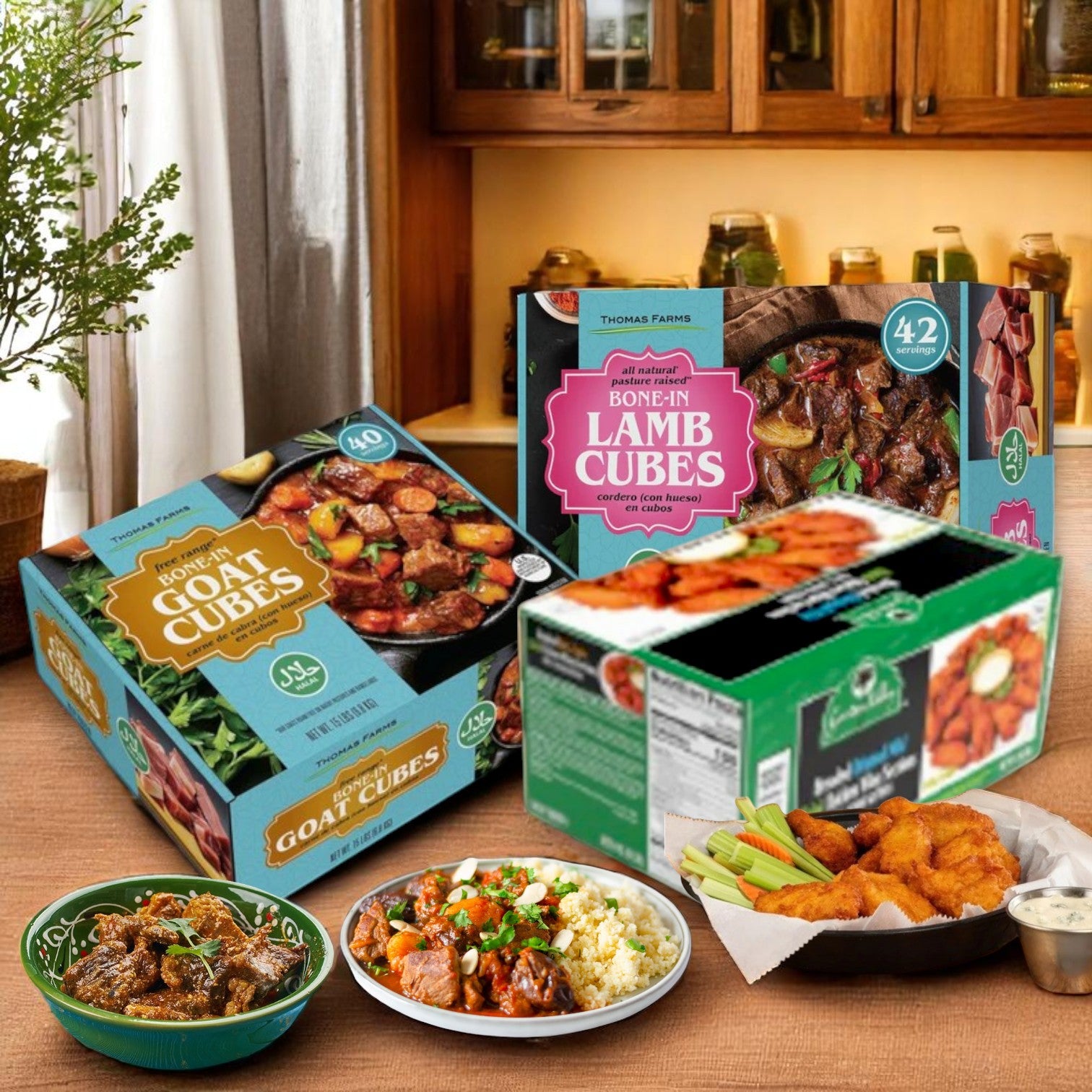 Three boxes of the Thomas Farms 3-Pack Halal Meat Bundle are displayed on a table with cooked meals in bowls and plates; kitchen shelves are visible in the background.