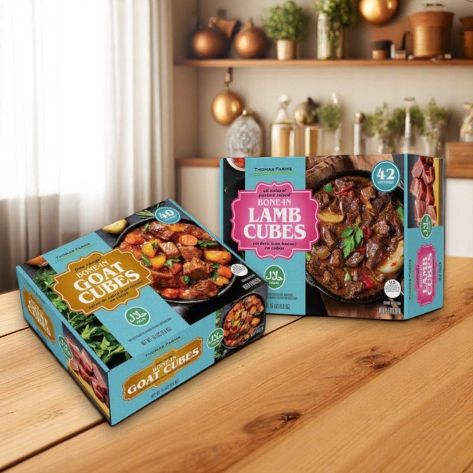 Two boxes of Thomas Farms 2-Pack Halal Meat Bundle – 15 lbs Goat + 15 lbs Lamb (Bone-In) sit on a wooden table in a modern kitchen, showcasing this convenient halal meat offering for your favorite recipes.
