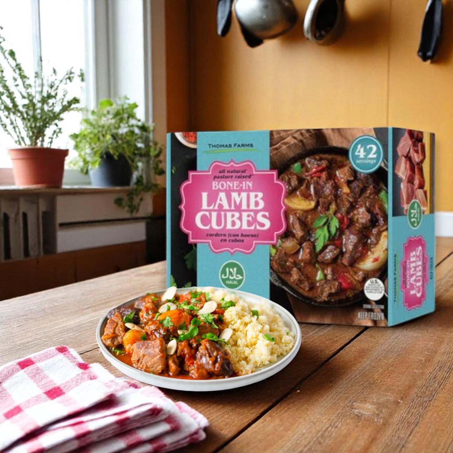 A bowl of lamb stew with couscous sits on a wooden table in front of a Thomas Farms 2-Pack Halal Meat Bundle – 15 lbs Goat + 15 lbs Lamb (Bone-In), creating a delicious kitchen scene.