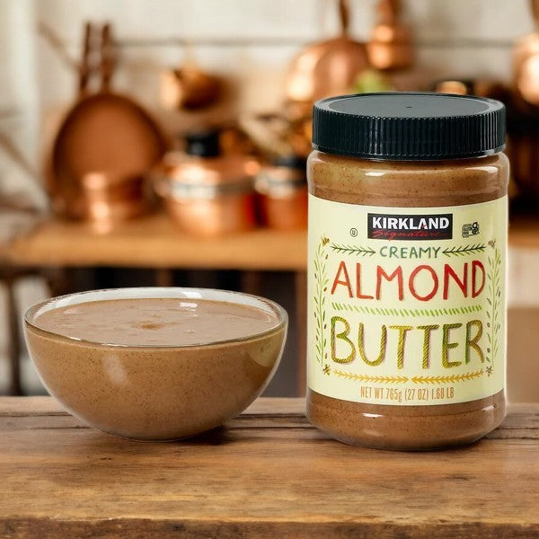 A jar and bowl of Kirkland Signature Creamy Almond Butter, 27 oz, on a wooden surface with copper cookware in the background.