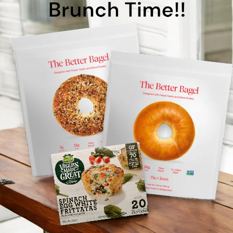Two packs of "Easy Lunches Better Brand Everything Bagels" and one box of "Easy Lunches Veggies Made Great Egg White Frittatas" are displayed on a wooden table. The text "Brunch Time!!" appears at the top of the image, highlighting a perfect brunch spread.