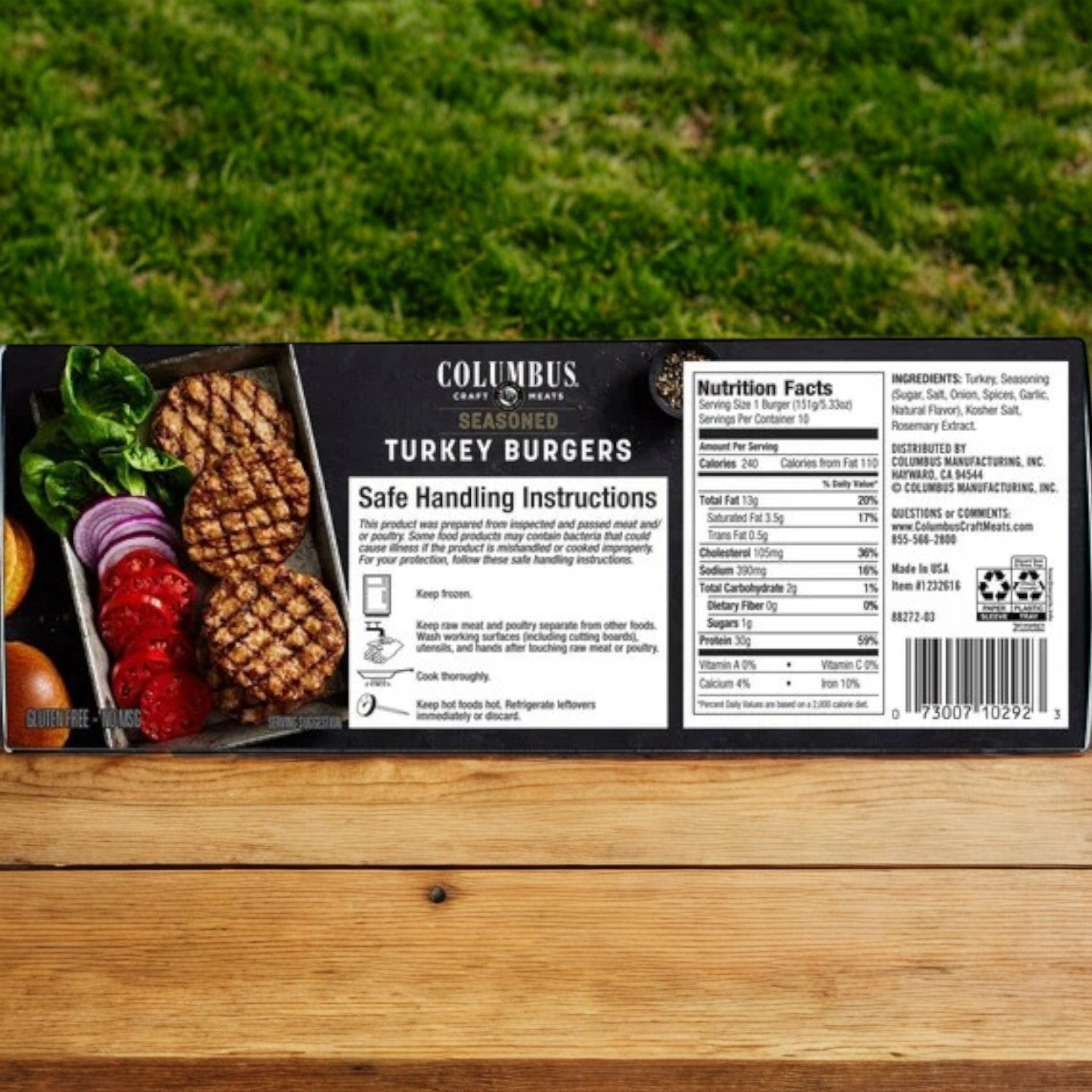 Colombus Seasoned Turkey Burgers, 5.33oz, 10-count case on wood surface, showcasing lean protein. Packaging features nutrition facts, ingredients, gluten-free label, safe handling tips, and a veggie serving suggestion.