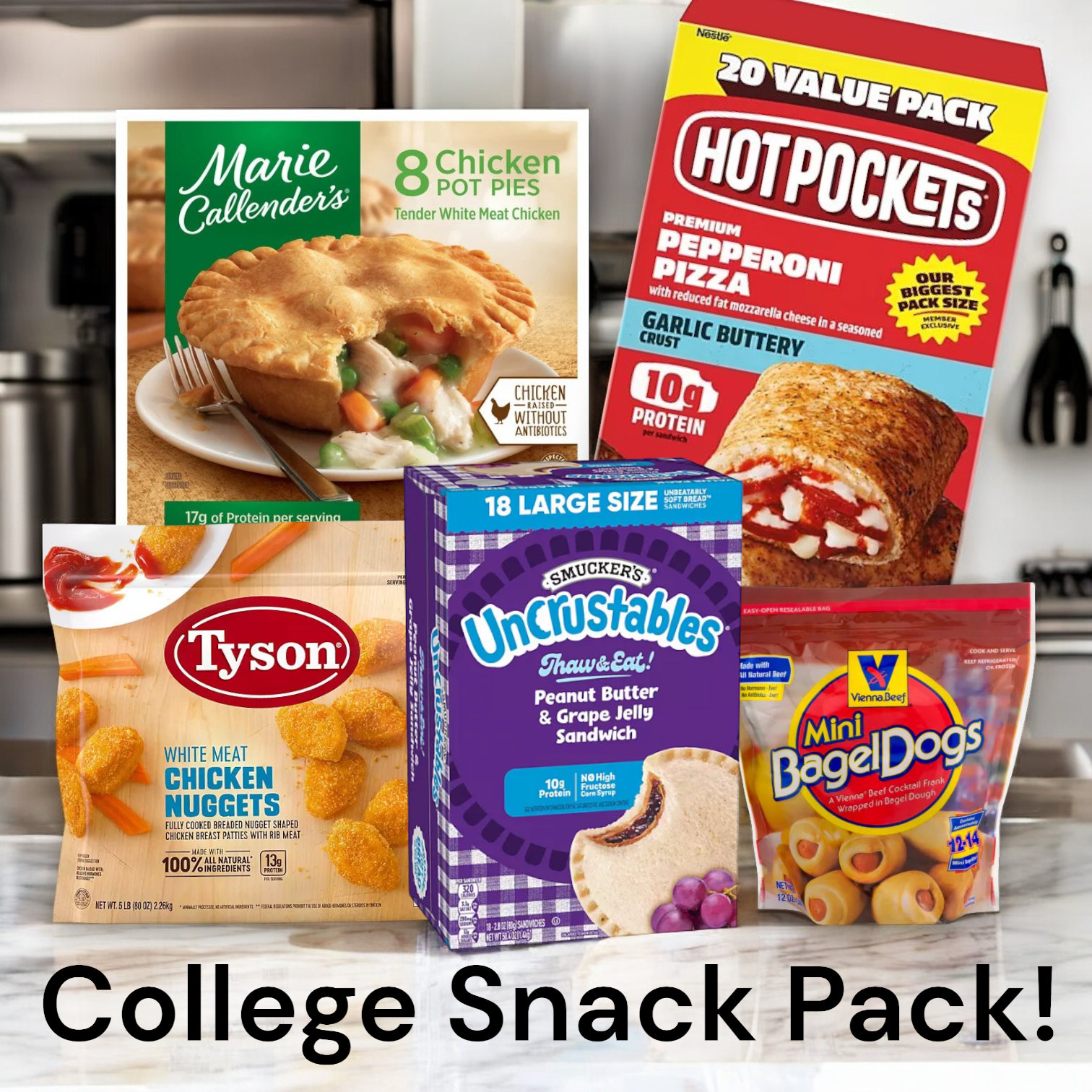 Discover the "College Meal Pack" by Hot Pockets, featuring an assortment of 20 Hot Pockets, 8 chicken pot pies, 18 Uncrustables, 5 lbs of chicken nuggets, and 14 bagel dogs—all perfect frozen foods for any occasion! Enjoy free shipping with this ultimate snack selection. LET'S GO!