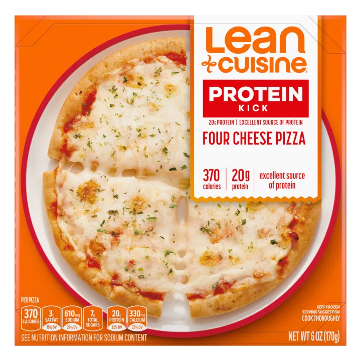 Easy Lunches Lean Cuisine Four Cheese Frozen Pizza, 6oz, features packaging with nutritional details stating it contains 370 calories and 20g of protein.