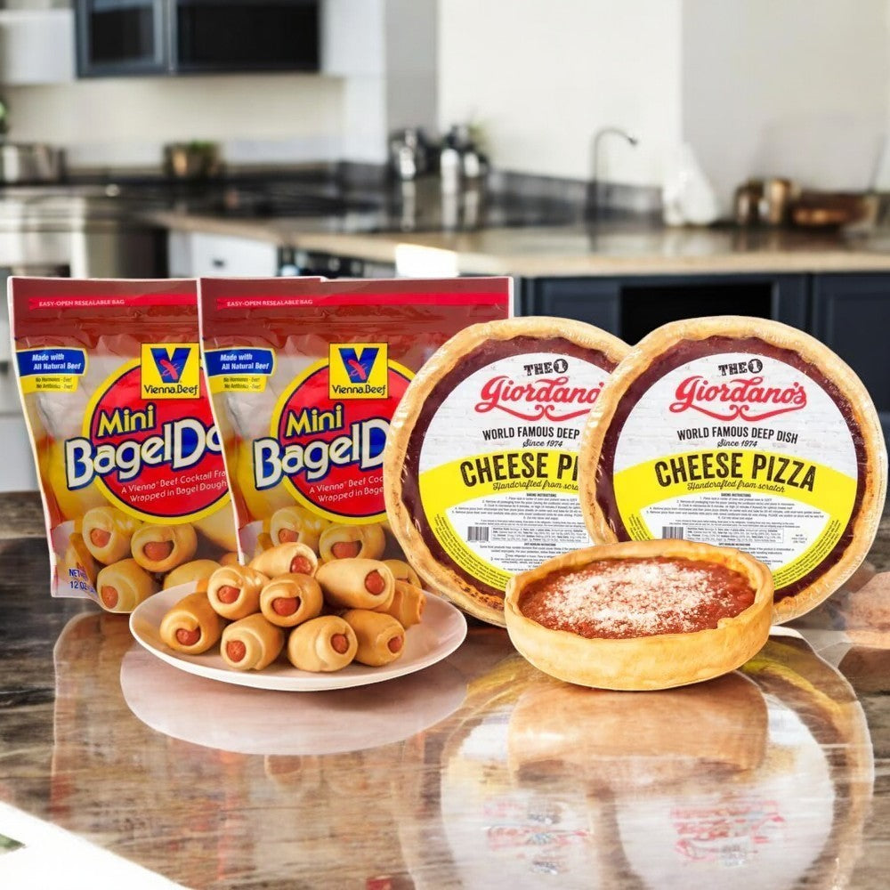 On the kitchen counter, a Chicago Feast awaits: Easy Lunches offers two bags of Vienna Beef Mini Bagel Dogs and two Giordano's deep dish pizzas, perfect for parties with free shipping!.