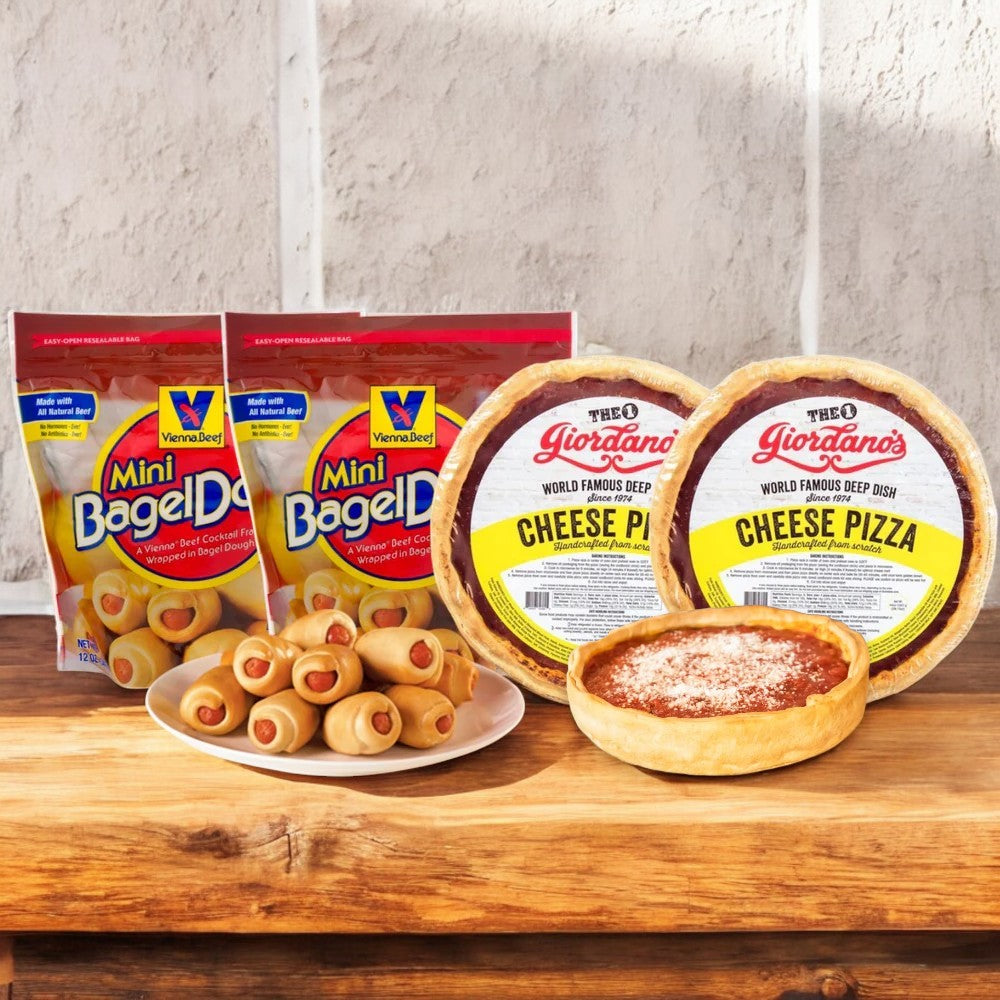 Assorted frozen foods on a table include Easy Lunches' Vienna Beef Mini Bagel Dogs and two Giordano's Deep Dish Pizzas, perfect for creating your own Chicago Feast at home.